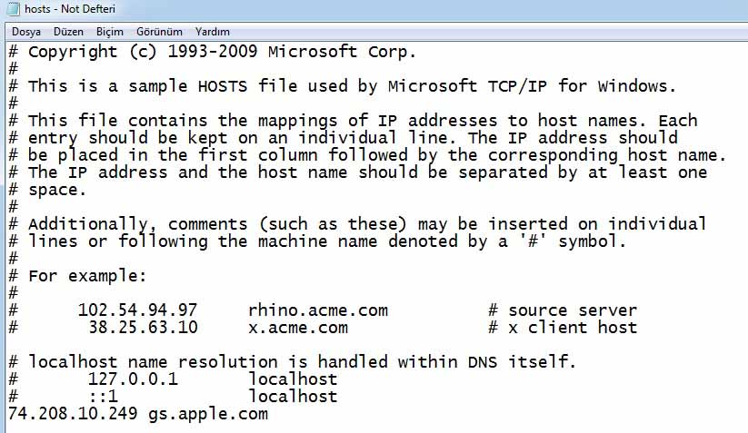 host dosyası windows için